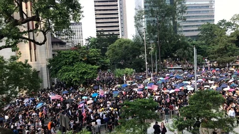 Camera Pan- Protesters outside Chater Garden, HK Human Rights and Democracy Act Stock Footage 115705653