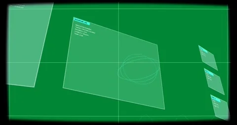 On camera pan QUANTUM_OS UI shifting, cyan loops animating to show system stats, Stockbeeldmateriaal 327338675
