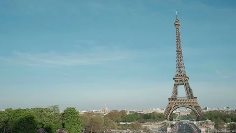 Camera Pan Right Reveal Eiffel Tower From Trocadero Sunny Day Paris Stock Footage 92152961