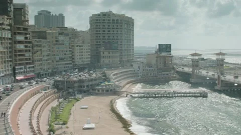 Camera pan right of Stanley Bridge and cabins in Alexandria Egypt Stock Footage 181940659