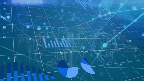 Camera pan starting 3D analytics scene, bars rising, pies rotating, nodes Stock Footage 333950053