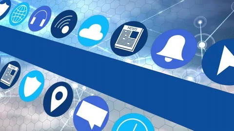 Camera pan starting, dark-blue diagonal bands anchoring while app icons Stock Footage 321070848