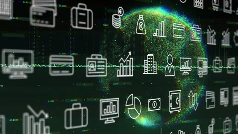 Camera pan starting, icon grid scrolling while waveform pulsing and globe Stock Footage 328469440