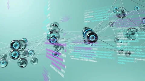 Camera pan starting metallic network drifting right as cyan magenta code Stock Footage 322204651