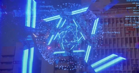 Camera pan starting rotating blue neon spiral pulsing dust converging code Stock Footage 329908687