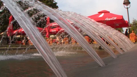 Camera Pan Water Fountain to Square Stock Footage