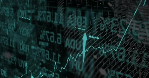 Camera panning 3D finance panel showing rising dotted line up arrows tickers Stock Footage 327803490