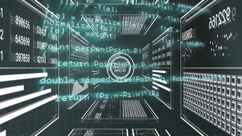 Camera panning 3D grid corridor, reticle advancing, code panels shifting Stock Footage 310659847