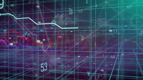 Camera panning, 3D grid revealing cyan trend line stepping downward, showing Stock Footage 335739804