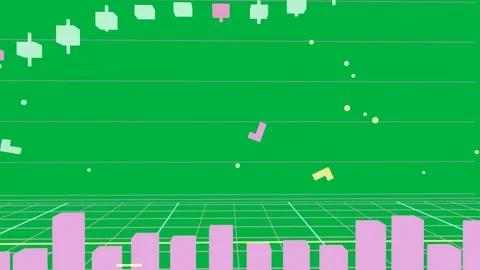 Camera panning 3D viz revealing bar chart rising candles dots drifting showing Stock Footage 334239705