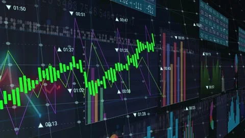 Camera panning across 3D dashboard, green trend falling then rising, updating Stock Footage 335652037