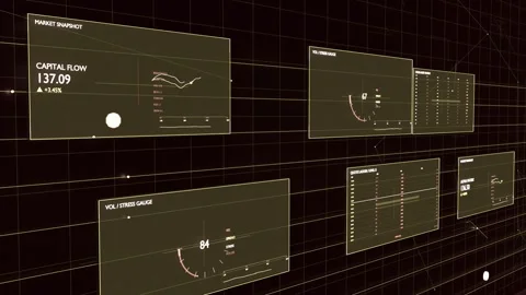 Camera panning across 3D wire grid, revealing floating data panels updating Stock Footage 337505051