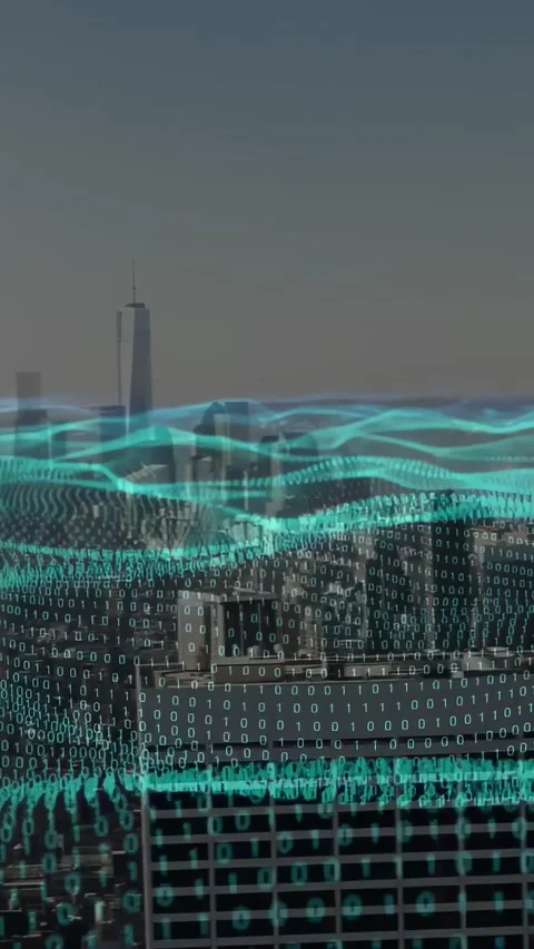 Camera panning across city skyline, binary grid rising and teal waves tracing Stock Footage 331008908
