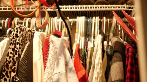 Camera panning across clothes hanging in closet Stock Footage 222187648