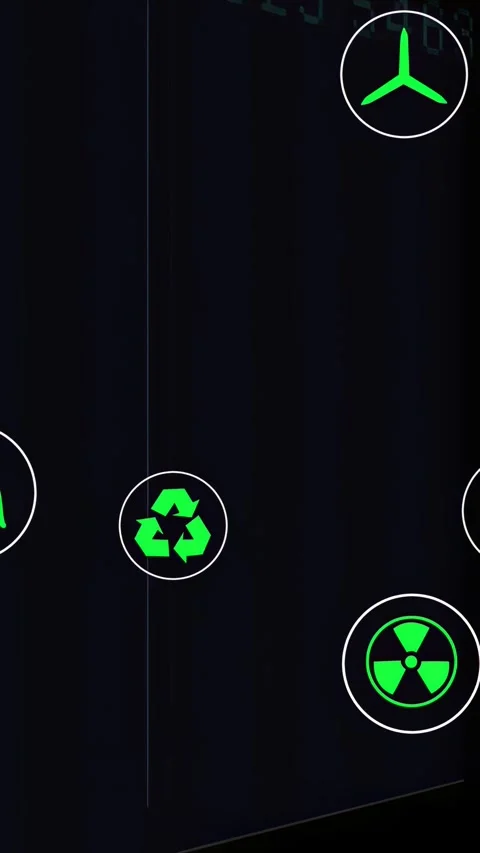 Camera panning across dark dashboard revealing stacked bars, green energy icons Stock Footage 332775373