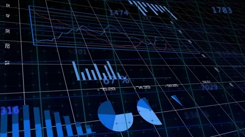 Camera panning across dark grid, tech dashboard animating charts and updating 動画素材 332469205