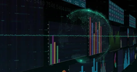 Camera panning across data dashboard, revealing stacked bars, 3D globe, area and Stock Footage 309687547