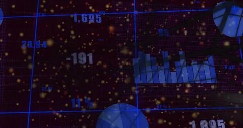 Camera panning across data grid, showing month bars, area chart, pie, percent Illustrazione stock