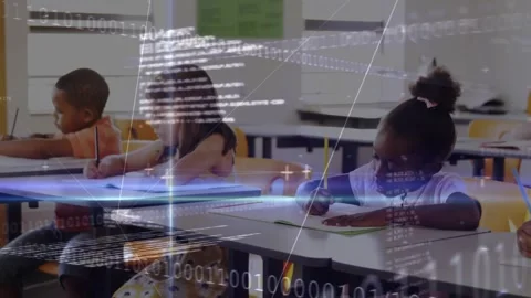Camera panning across desks causing code overlay growth while three children Stock Footage 320068828
