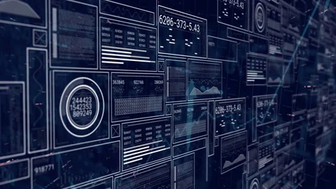 Camera panning across digital interface, panels sliding and updating readouts, Stock Footage 310994128