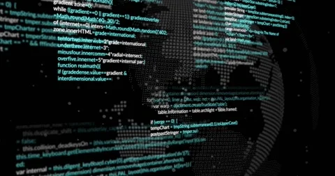 Camera panning across dotted globe, code shifting and particles drifting, Stock Footage 330209150