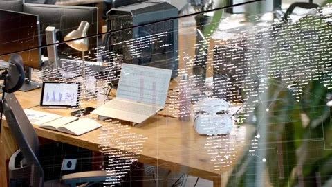 Camera panning across glass partition, dotted world-map shifting, revealing Stock-Footage 337913063