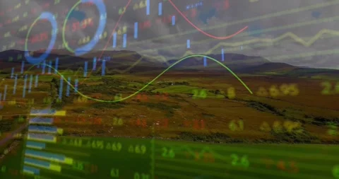 Camera panning across hills, mapping finance data animating bars, trend lines, Stock Footage 330509312