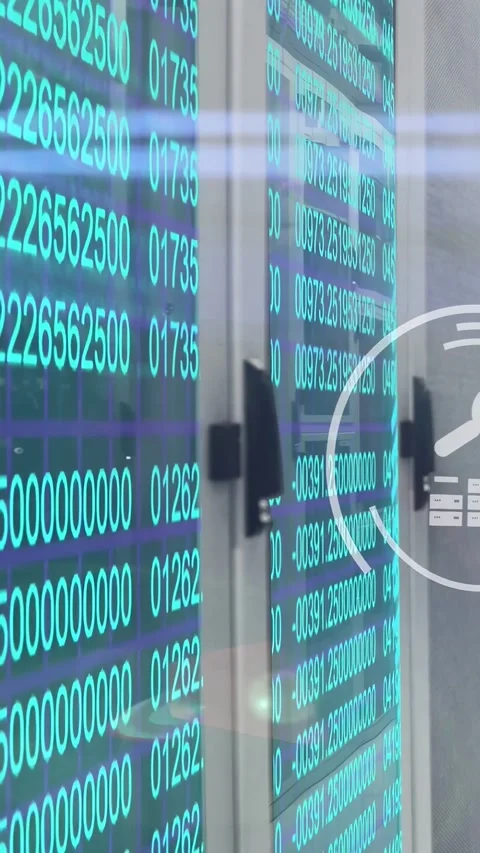Camera panning across LED data panels in data center, HUD icons fading, Stock Footage 332644506