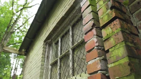 Camera panning across mossy brick corner on abandoned building Video stock 292528773