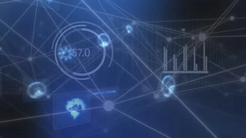 Camera panning across node mesh, revealing gauges updating and orbs pulsing Video stock 334466274