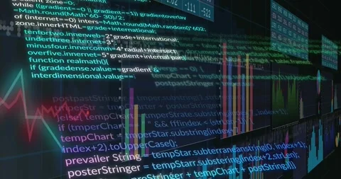 Camera panning across panel data wall, stacked bars shifting right, code Stock Footage 329533214