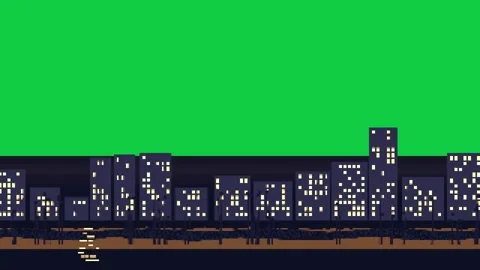 Camera panning across pixel skyline on play, revealing lit windows and pier on Stock Footage 337887703