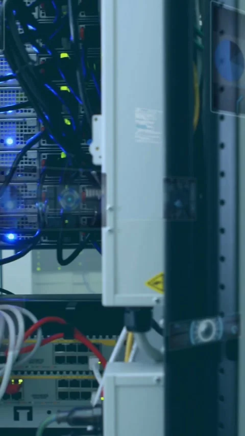Camera panning across server rack in datacenter, HUD overlay aligning showing Stock Footage 331721393