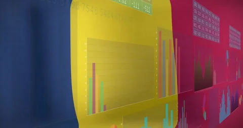 Camera panning across tri panel data wall fading bars, transforming charts, Stock Footage 311084470