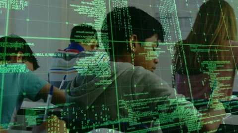 Camera panning across writing students under code overlay revealing gray-hooded Stock Footage 316185170