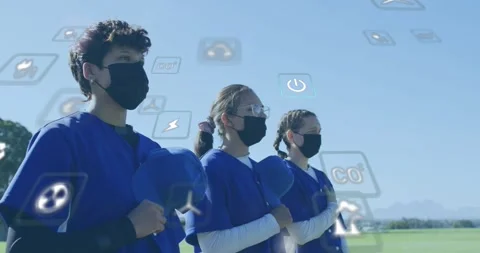 Camera panning activating eco and energy icons around trio pledging eco Stock Footage 317800560