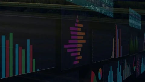 Camera panning along data wall, red scan initiating reveal of stacked bars, Video stock 332686062