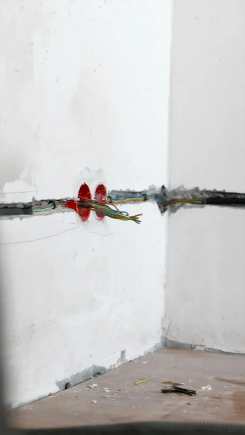 Camera panning along new electrical cables inside wall conduits vertical Stock Footage 339298219