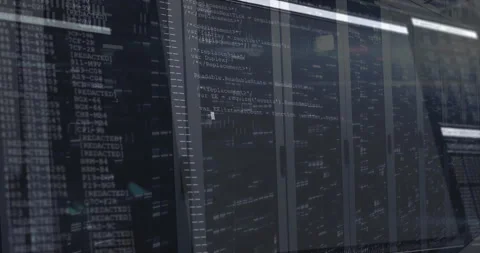 Camera panning along server racks initiating overlay fade showing code scrolling Stock Footage 312897213