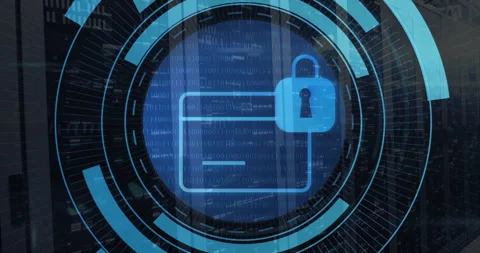 Camera panning along server racks causing blue rings rotating around payment Stock Footage 314850410