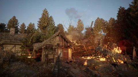 Camera is panning in an ancient medieval village in sunset Stock Footage 226983389
