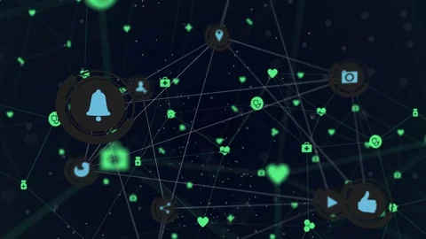 Camera panning and zooming, 3D network revealing icons, pulsing rings, showing Stock Footage 332469391