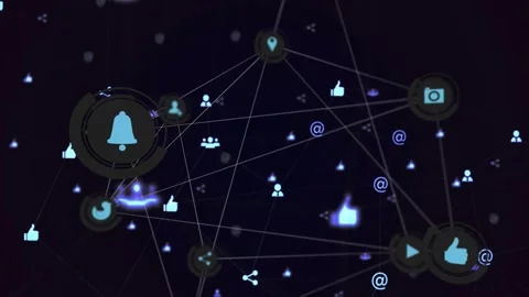 Camera panning and zooming, node cluster pulsing and showing icons, visualizing Video stock 332404732