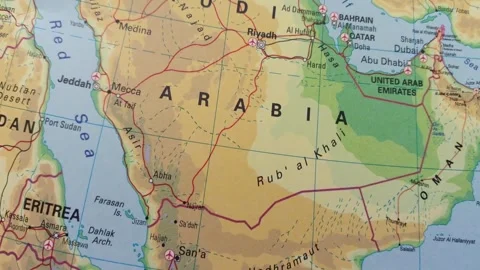 Camera Panning on Arab Belt of Map - Saudi Arabia, Iran, Yemen Stock Footage 282547149