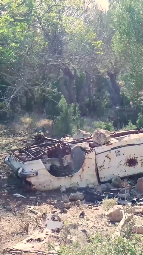 Camera panning around wrecked car in forest Stockbeeldmateriaal 294963817