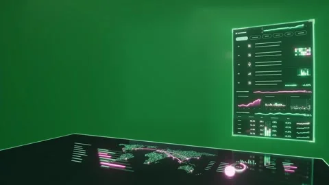 Camera panning back showing holo panel, table updating, pulsing data nodes, Stock Footage 348242281
