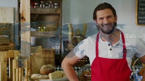 Camera panning, baker moving into frame, placing hands on hips, map overlaying Stock Footage 333689103
