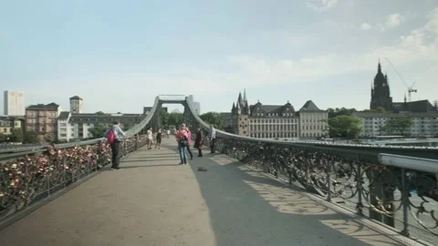 Camera Panning Of A Beautiful View From An Iron Bridge In Frankfurt City Germany Stock Footage 142206163