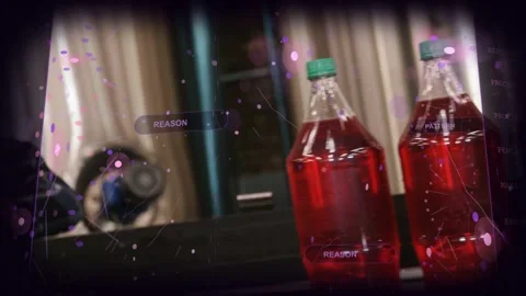 Camera panning from bottles, HUD callouts overlaying technician showing PATTERN% Stock Footage 331713623