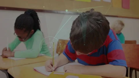 Camera panning class, boy and girl writing, glowing on notebook, boy lifting Video stock 331214228